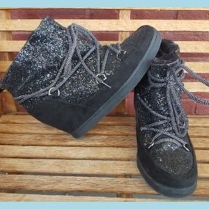 Juicy Couture Boots Black Sparkle Wedge Booties